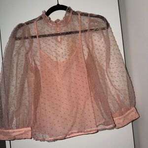 Lulu's Blush Pink Sheer Dotted Mesh Blouse with Cami